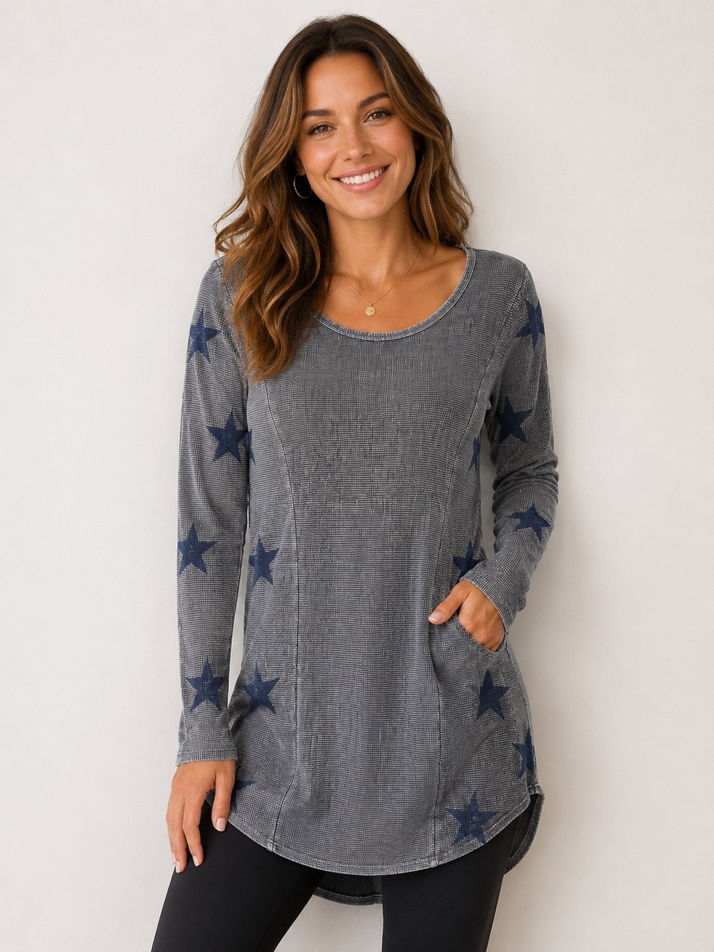 Go Couture Gray Star-Print Long Sleeve Tunic